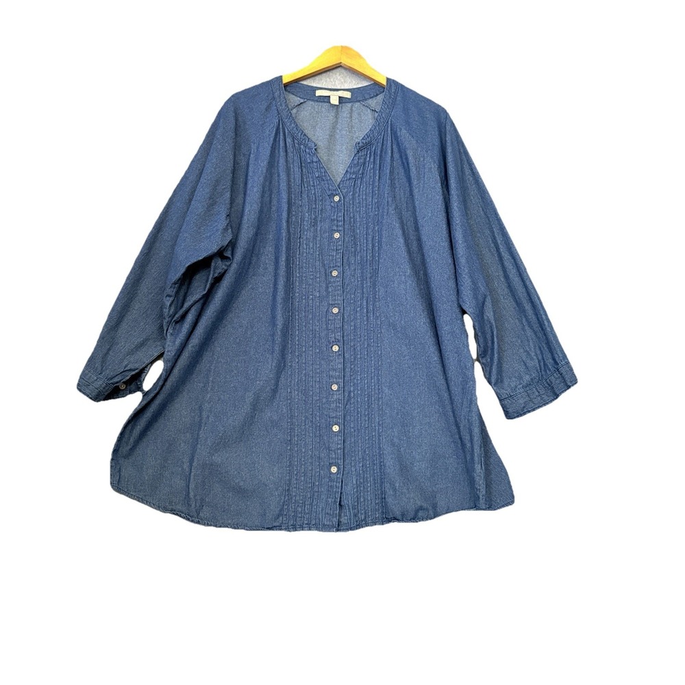 Woman Within Tunic Top Blue Button Up‎ Pintuck Chambray 100% Cotton Size 28
